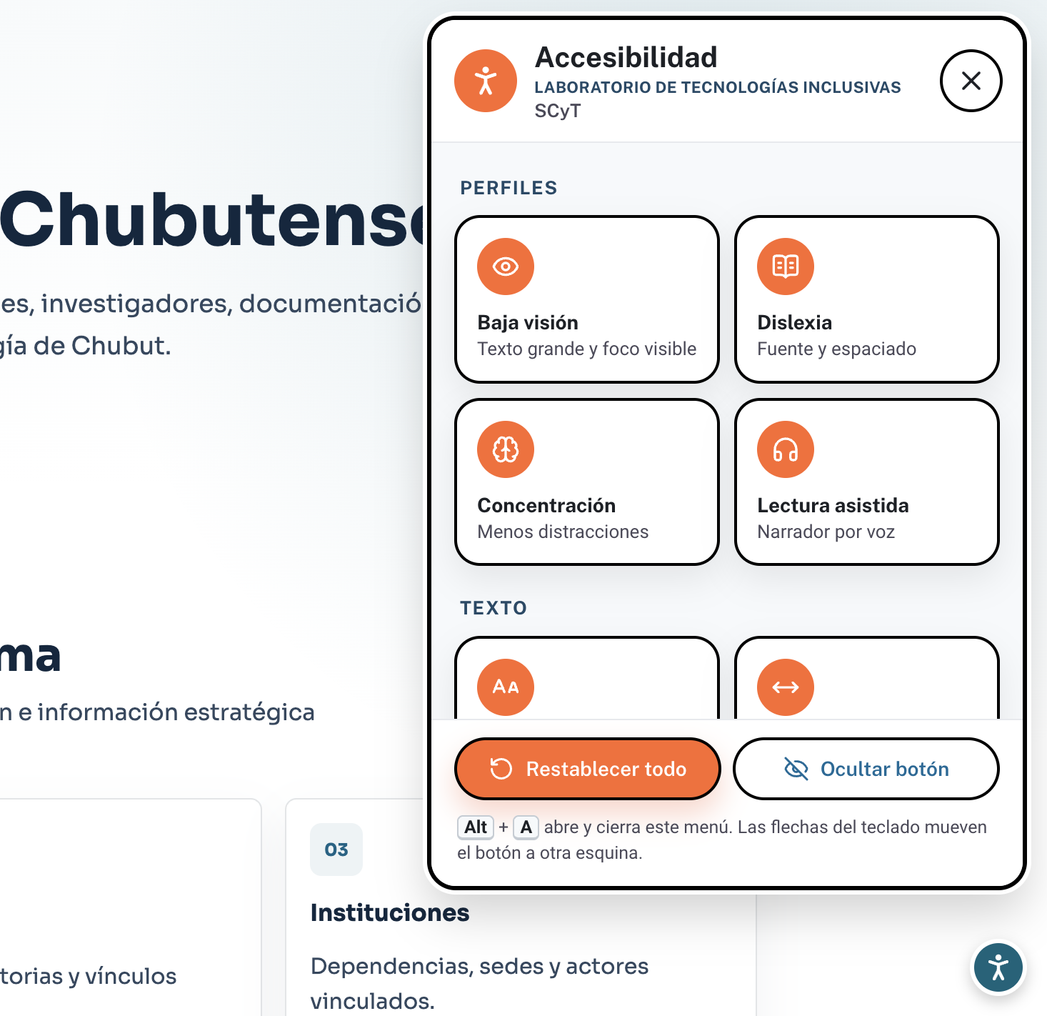 Captura de la interfaz del botón de accesibilidad LTI con opciones de texto, contraste y subtítulos